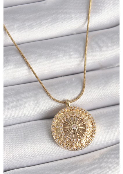 Bfs 316L Çelik Gold Renk Zirkon Taşlı 12 Burç Madalyon Model Kadın Kolye