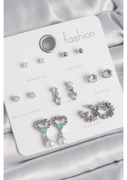 Bfs Pirinç Gümüş Renk Zirkon Taşlı Sallantılı Kalp Model Çiçek Detay 7 Çift Kadın Küpe