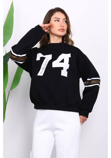 Siyah Ön Ve Kol Baskılı Üç İplik Sweat