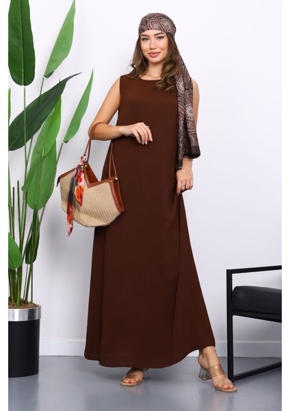 Kahverengi Sıfır Kol Ayrobin Tesettür İçlik Elbise