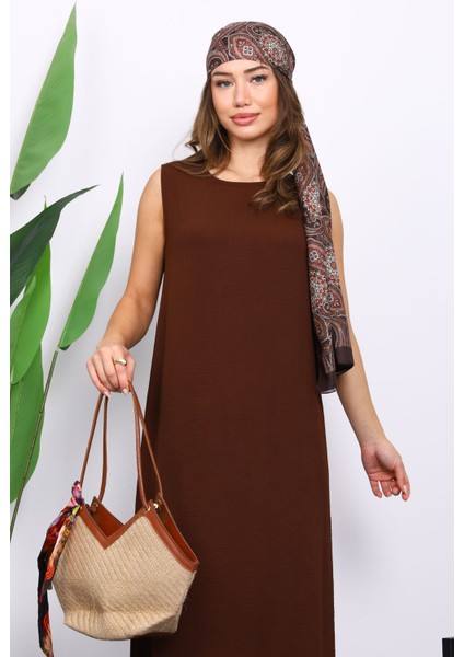 Kahverengi Sıfır Kol Ayrobin Tesettür İçlik Elbise modelleri