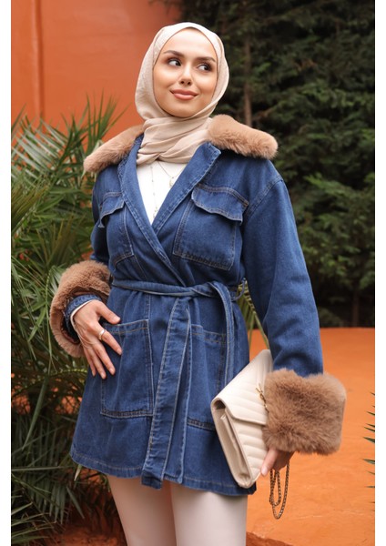 Mavi Kol Yaka Kürklü Kot Ceket