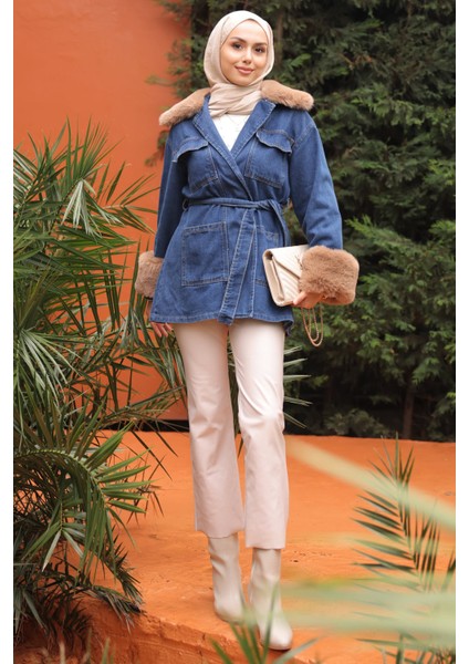 Mavi Kol Yaka Kürklü Kot Ceket modelleri