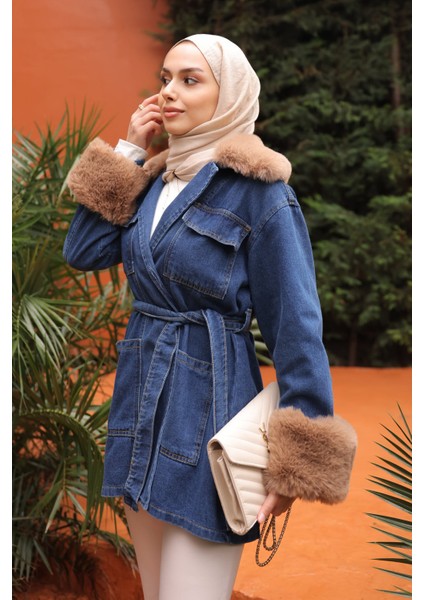 Mavi Kol Yaka Kürklü Kot Ceket fırsatları