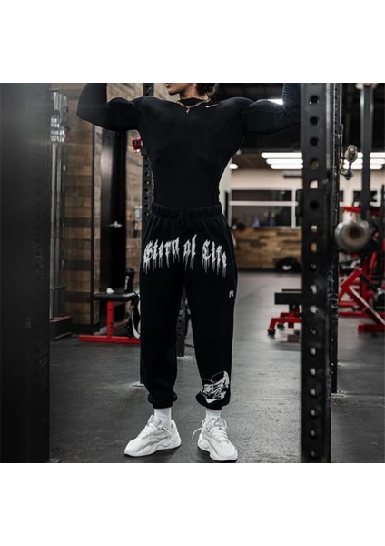 Büyük Beden Özel Tasarım Etern Of Life Baskılı Bol Kesim %100 Pamuk Kışlık Erkek Jogger Eşofman Altı