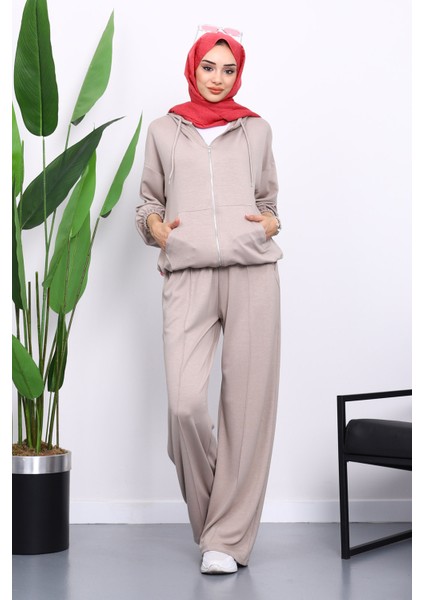 Taş Kapşonlu Fermuarlı Kanguru Cepli Modal Takım