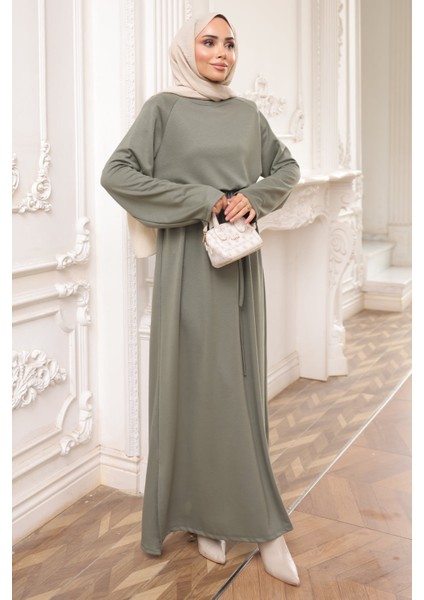 Haki Bisiklet Yaka Bel Kuşaklı Elbise