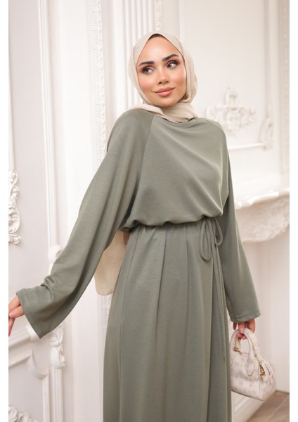 Haki Bisiklet Yaka Bel Kuşaklı Elbise modelleri