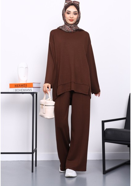 Kahverengi Ön Detaylı Modal Tunik Pantolonlu Takım