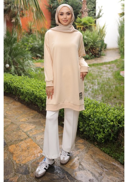 Krem Bisiklet Yaka Armalı Tunik