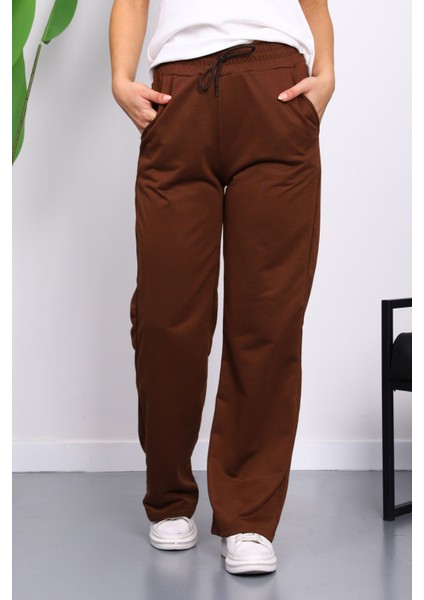 Kahverengi Bel Lastikli İki İplik Palazzo Eşofman Alt
