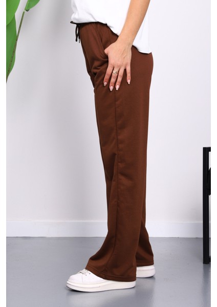 Kahverengi Bel Lastikli İki İplik Palazzo Eşofman Alt modelleri