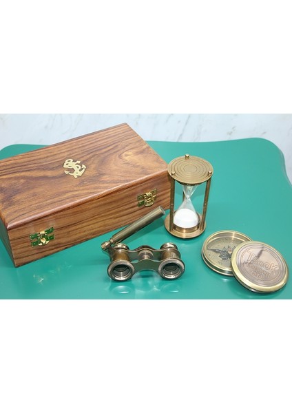 Pusula Kutusu Ahşapdürbün, Kum Saati Pirinç Set