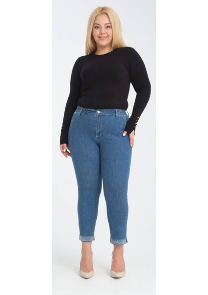 Kadın Paça Taş Detay Beli Lastikli Likralı Üst Düzey Büyük Beden Pantolon