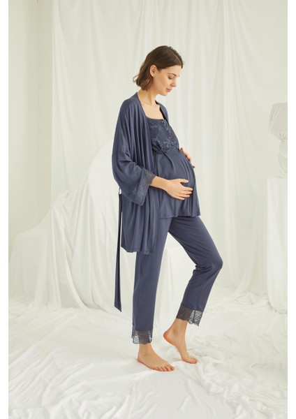 Monamise Dantelli Önü Düğmeli Hamile Lohusa 3' Lü Pijama Takımı
