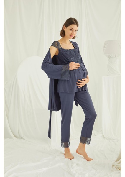 Monamise Dantelli Önü Düğmeli Hamile Lohusa 3' Lü Pijama Takımı fırsatları