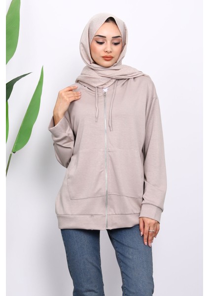 Taş Kapşonlu Fermuarlı Modal Sweat Hırka