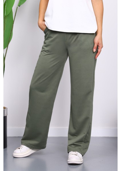 Haki Bel Lastikli İki İplik Palazzo Eşofman Alt
