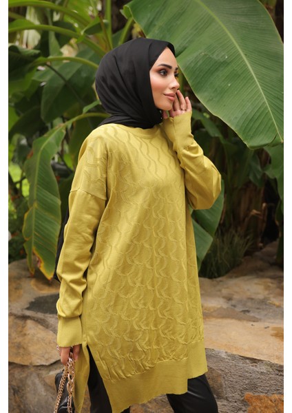 Yağ Yeşili Bisiklet Yaka Soğuk İplik Triko Tunik