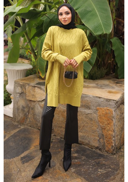 Yağ Yeşili Bisiklet Yaka Soğuk İplik Triko Tunik fiyatları
