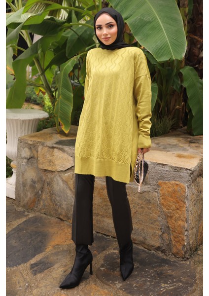 Yağ Yeşili Bisiklet Yaka Soğuk İplik Triko Tunik modelleri