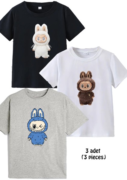 3lü Pamuk Penye Kız Erkek Unisex Çocuk Baskılı Tshirt Tişört 5 6 7 8 9 10 11 12 13 14 Yaş Labubu