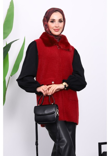Bordo Yaka Kürklü Cepli Triko Yelek modelleri