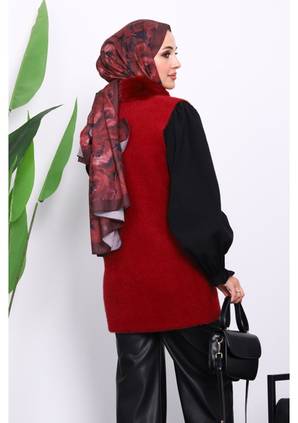 Bordo Yaka Kürklü Cepli Triko Yelek fırsatları