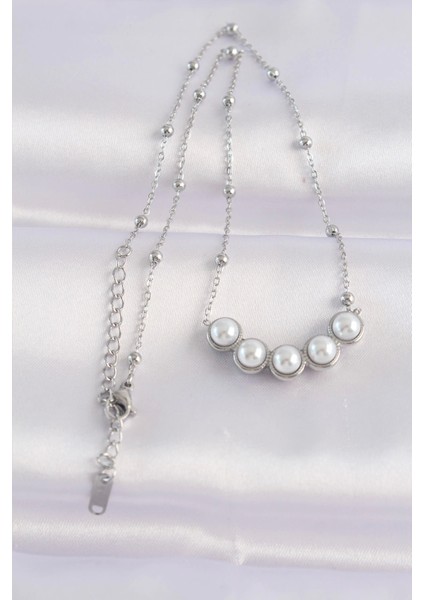 Bfs 316L Çelik Zincir Gümüş Renk Sıralı Inci Taşlı Kolye fiyatları