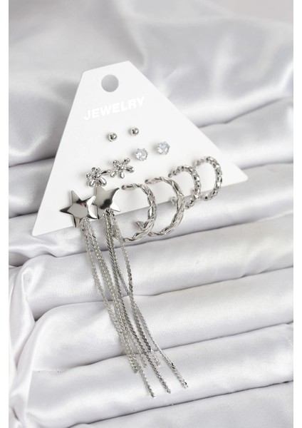 Gümüş Renk Pirinç 6 Çift Kadın Küpe Seti