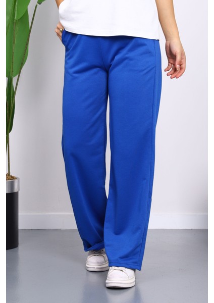 Saks Mavi Bel Lastikli İki İplik Palazzo Eşofman Alt