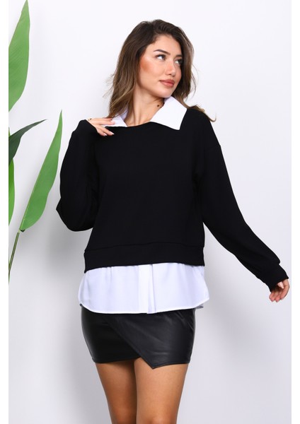 Siyah Gömlek Garnili Modal Sweat