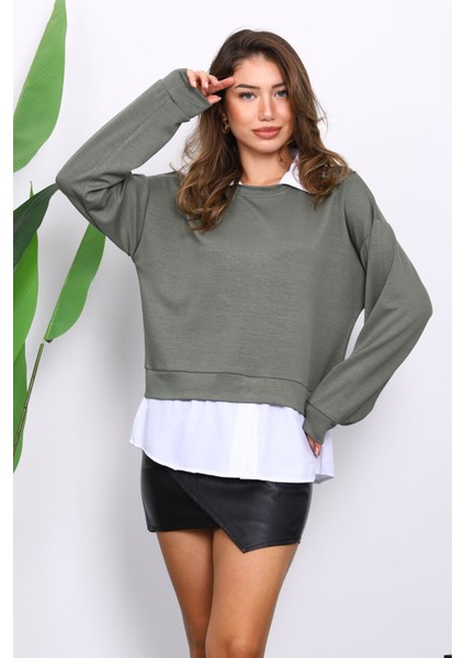 Haki Gömlek Garnili Modal Sweat