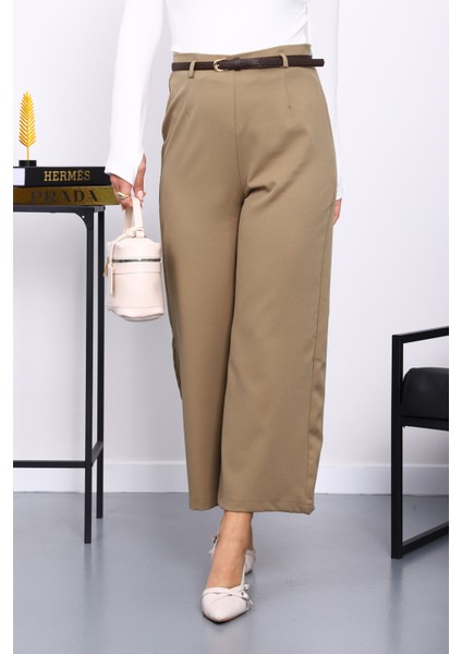 Haki Kemerli Yan Fermuarlı Pantolon