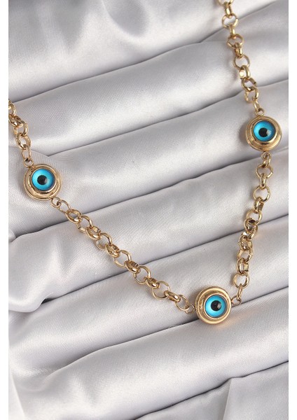 Bfs 316L Çelik Gold Renk Zincir Nazar Boncuk Model Kadın Kolye