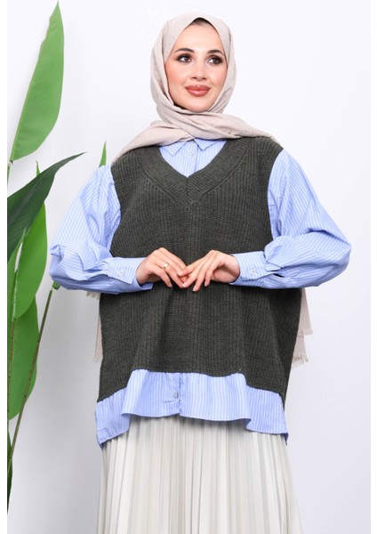 Haki Triko Garnili Gömlek