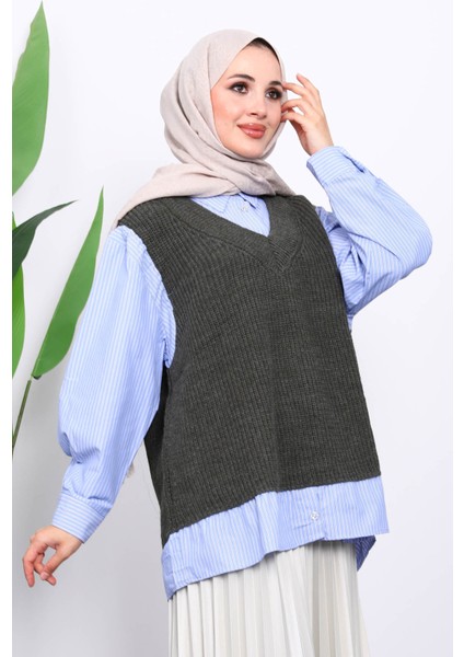 Haki Triko Garnili Gömlek modelleri