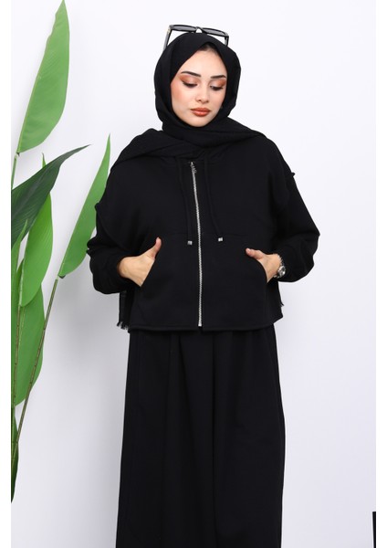 Siyah Üç İplik Sweat Hırka Elbise Kombin Takım modelleri