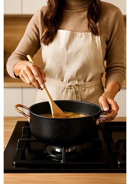 30 cm Derin Granit Tencere – 7.5 Litre, Gold Metal Kulplu, Alüminyum Tabanlı, Cam Kapaklı Siyah