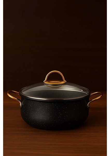 30 cm Derin Granit Tencere – 7.5 Litre, Gold Metal Kulplu, Alüminyum Tabanlı, Cam Kapaklı Siyah fiyatları