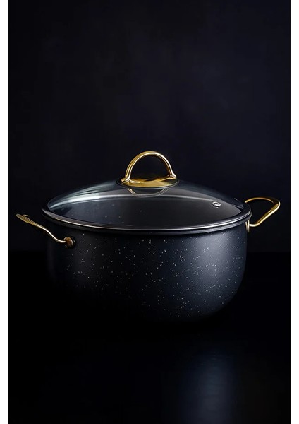 30 cm Derin Granit Tencere – 7.5 Litre, Gold Metal Kulplu, Alüminyum Tabanlı, Cam Kapaklı Siyah modelleri
