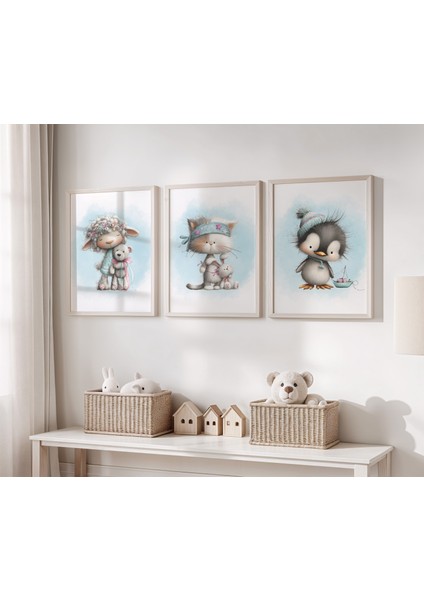 Sevimli Hayvanlar Temalı Isimli 3'lü Çocuk Odası Dekoratif Poster Seti - Çerçevesiz