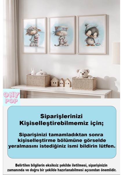 Sevimli Hayvanlar Temalı Isimli 3'lü Çocuk Odası Dekoratif Poster Seti - Çerçevesiz