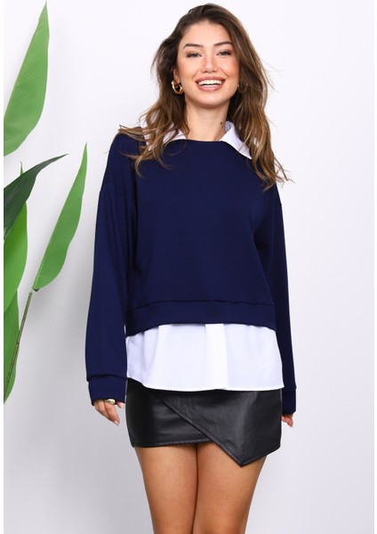 Lacivert Gömlek Garnili Modal Sweat