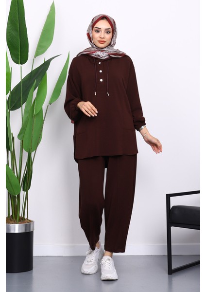 Bordo Yaka Çıtçıtlı Tunik Pantolonlu Takım