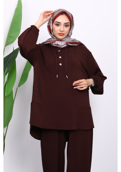Bordo Yaka Çıtçıtlı Tunik Pantolonlu Takım modelleri