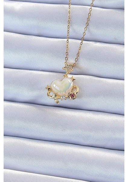 Bfs 316L Çelik Zincir Altın Renk Zirkon Taşlı Gezegen Görünümlü Kalp Kolye