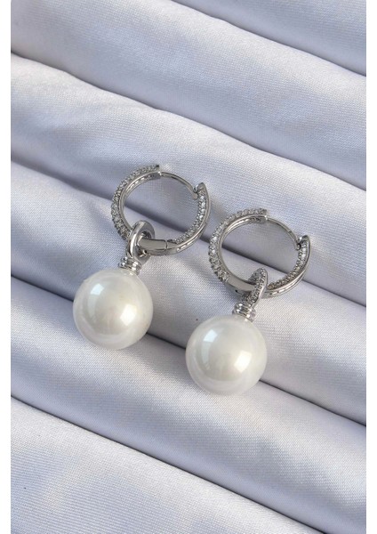 Bfs Pirinç Gümüş Renk Zirkon Taş Kaplama Inci Tasarımlı Kadın Küpe