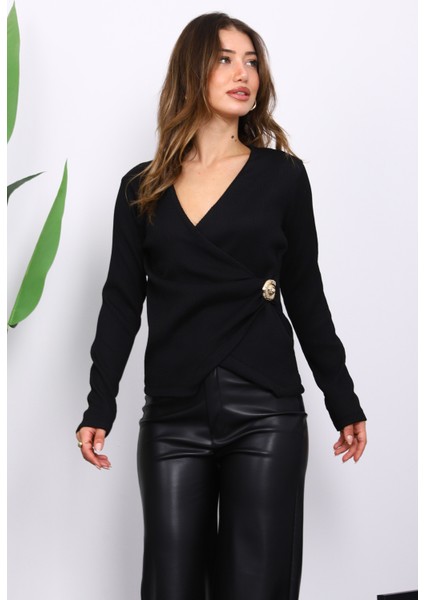 Siyah Toka Detaylı Kruvaze Yaka Fitilli Bluz modelleri