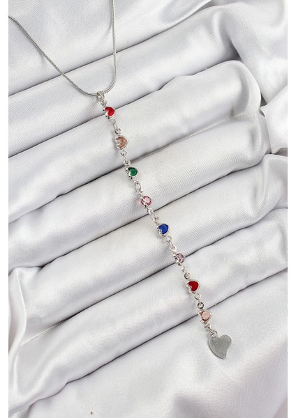 Bfs Pirinç Gümüş Renk Karışık Renk Zirkon Taşlı Kalpli Y Kadın Kolye